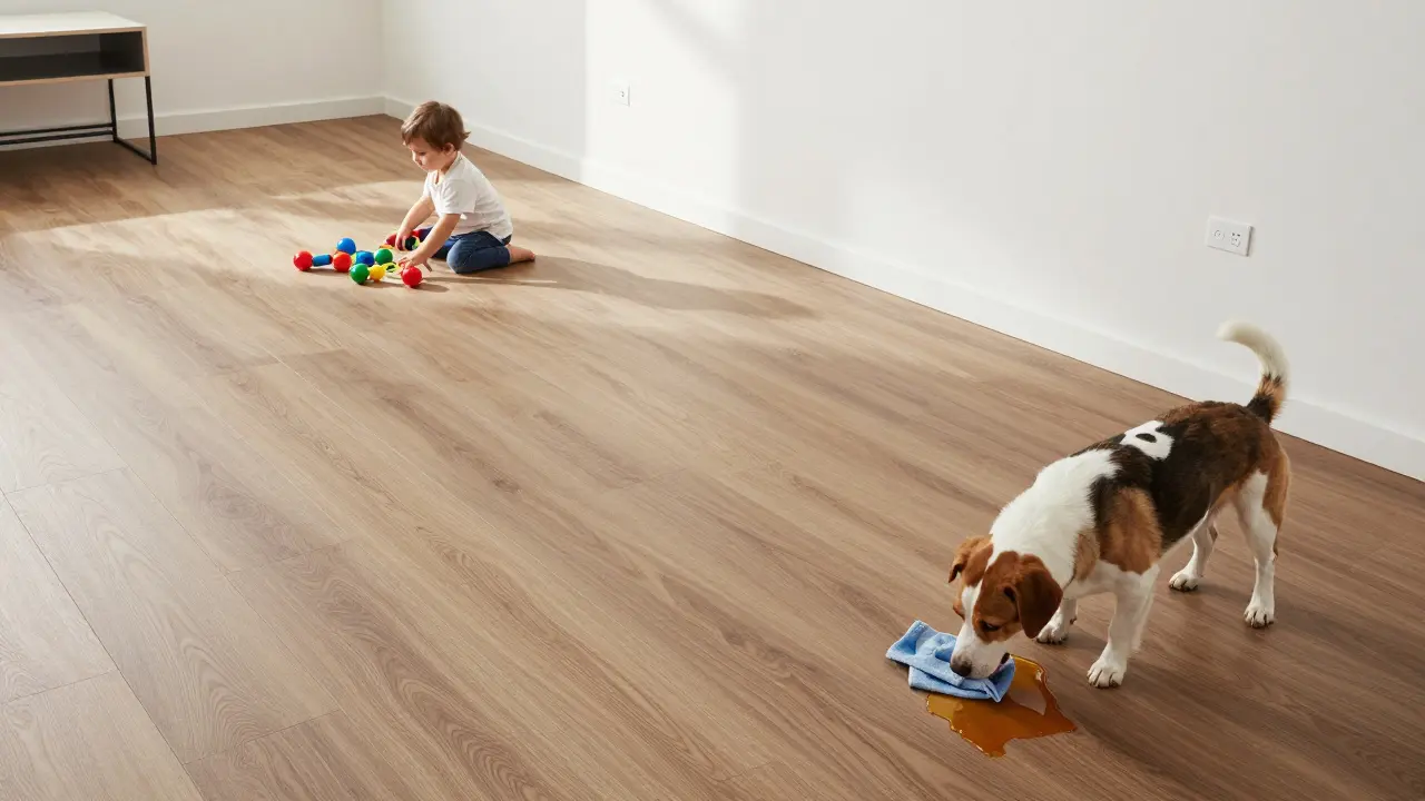 Vinylboden im Wohnzimmer, der wie Holz aussieht, mit einem Kind und einem Hund, der eine Flüssigkeit aufgewischt hat.