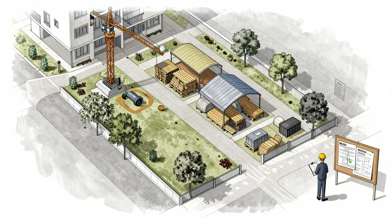 Vogelperspektive auf einen Baustellenplan mit gekennzeichneten Zonen für Materiallager, Kran und Abfall.