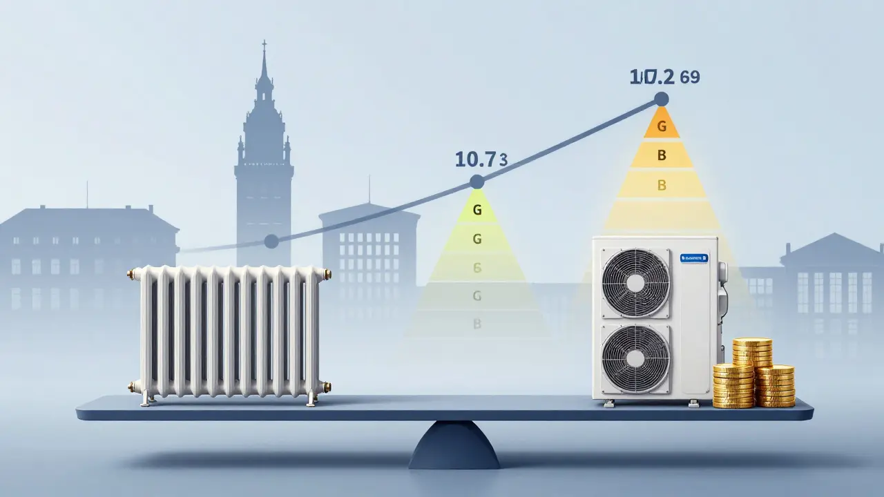 Waage mit alter Heizung und moderner Wärmepumpe, umgeben von Fördergeldern und einer verkürzten Amortisationszeit.