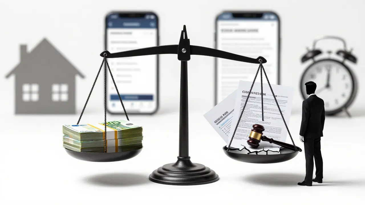 Waage mit Geld auf einer Seite und rechtlichen Risiken auf der anderen Seite, symbolisch dargestellt.