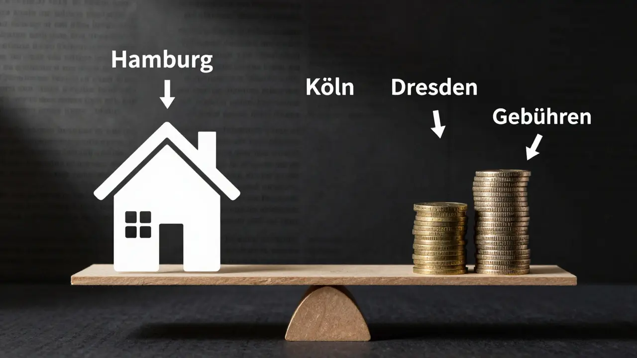 Waage mit Haus und Gebühren in Euro, symbolisiert unterschiedliche Kosten in deutschen Städten.
