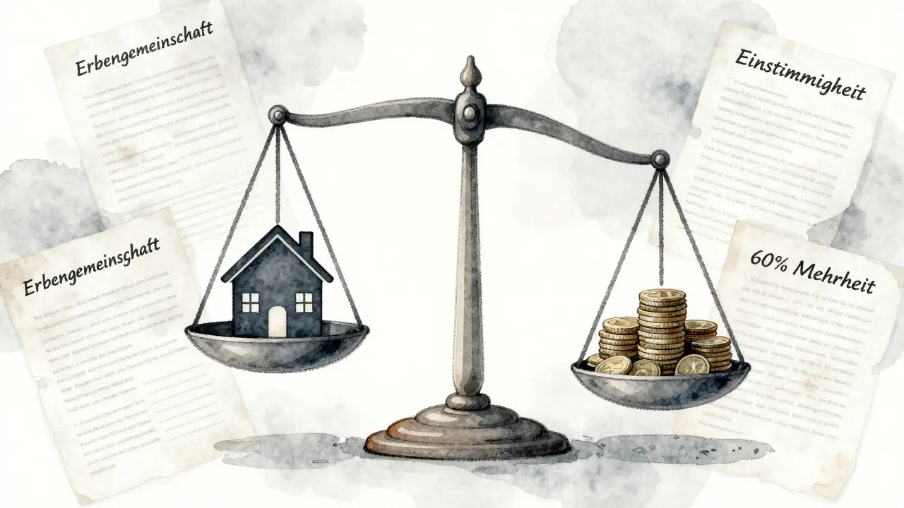 Waage mit Haus und Geld, umgeben von rechtlichen Begriffen, symbolisiert den Konflikt in einer Erbengemeinschaft.