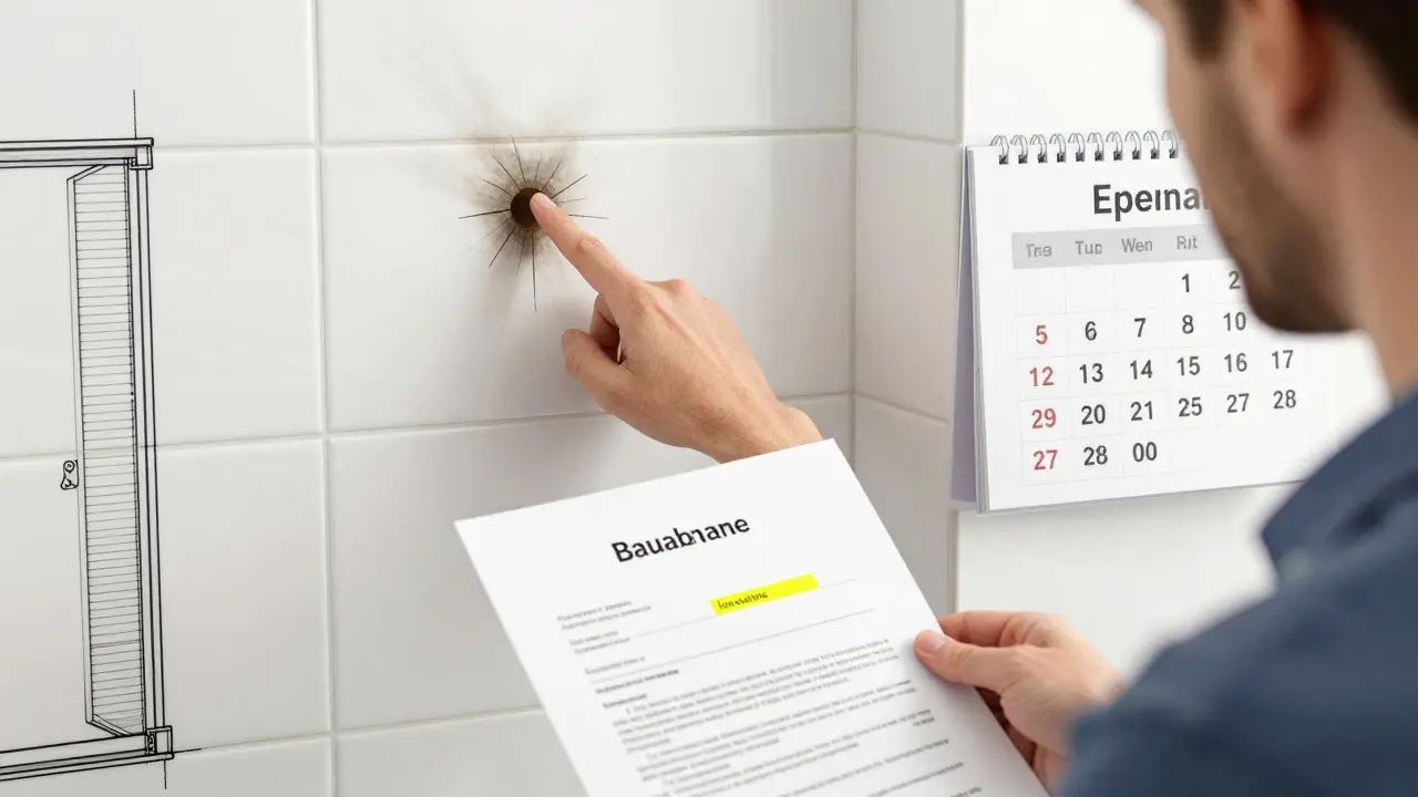 Baugutachter zeigt verborgene Feuchtigkeitsschäden hinter Fliesen, neben unterschriebener Abnahmedokumentation.