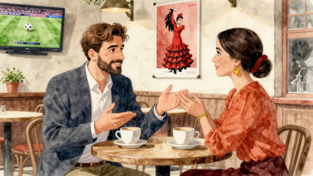 Deutscher und spanischer Verkäufer bei Kaffee, Smalltalk über Fußball.