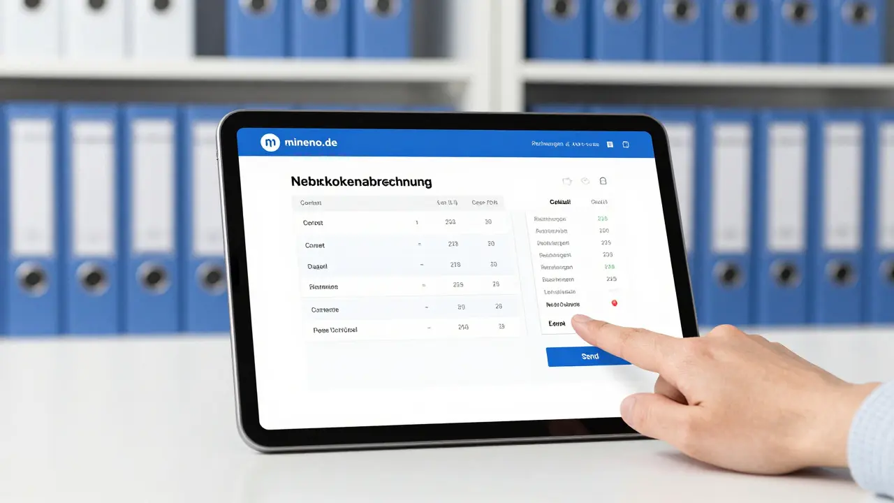 Digital property management software generating a compliant Nebenkostenabrechnung with attached receipts and archive warnings.