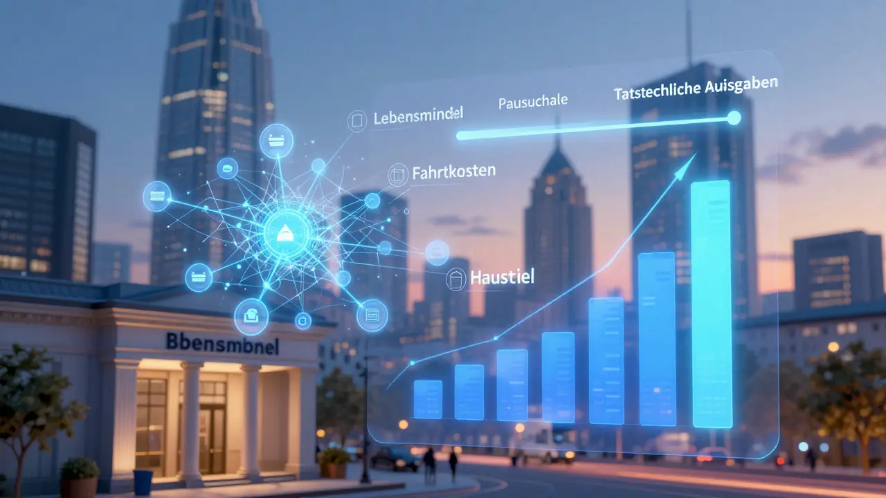Digitales KI-System analysiert Bankauszüge in Echtzeit und zeigt Abweichungen zwischen Pauschalen und realen Ausgaben.