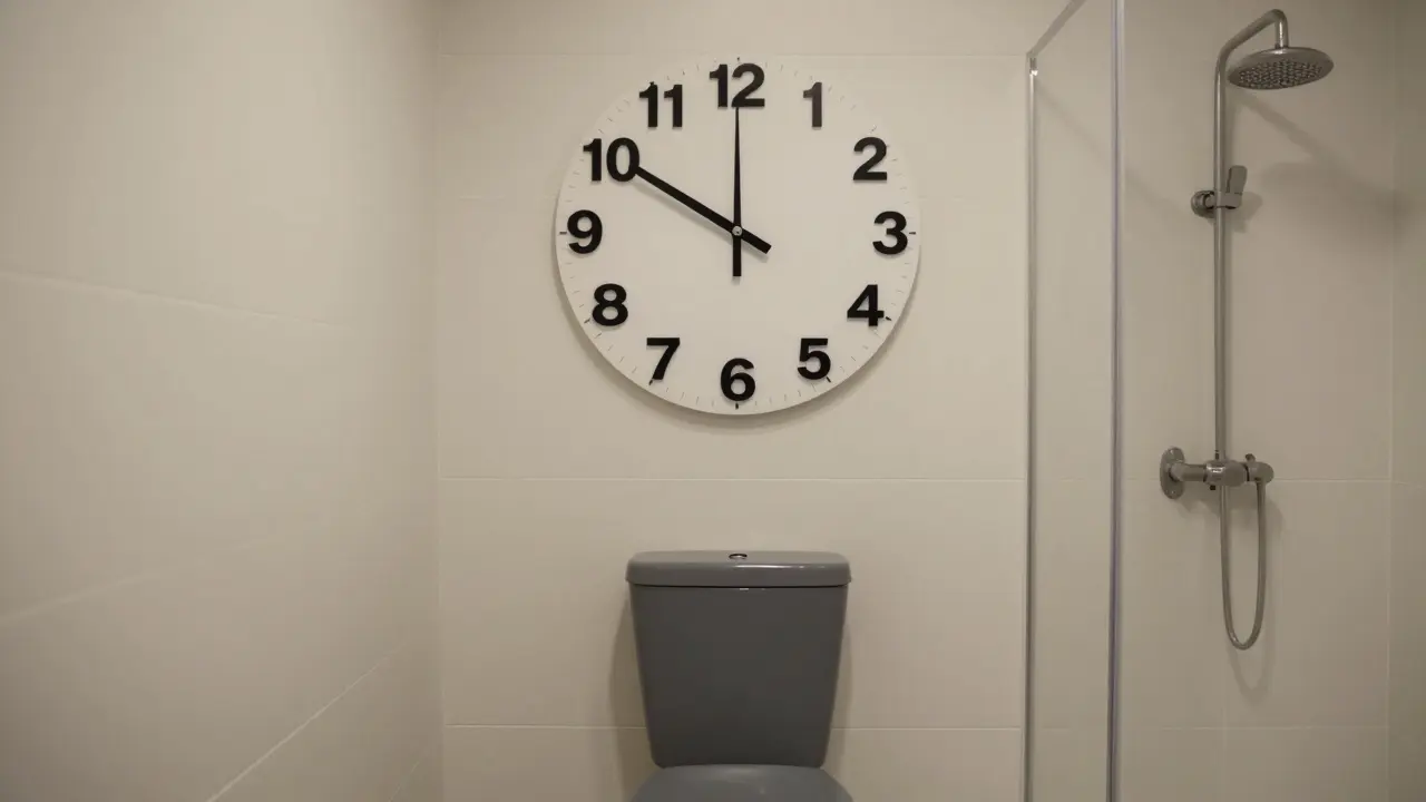 Dunkles WC-Becken auf heller Fliese, große Uhr ohne Sekundenzeiger, einfaches Duschsymbol, keine Spiegel.