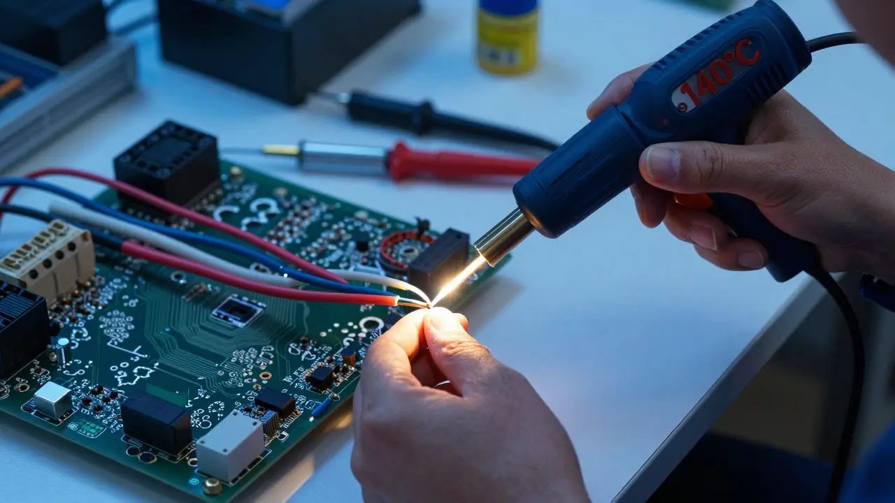 Elektroniker schrumpft einen Isolierschlauch um ein Kabel mit präziser Wärmeabgabe.