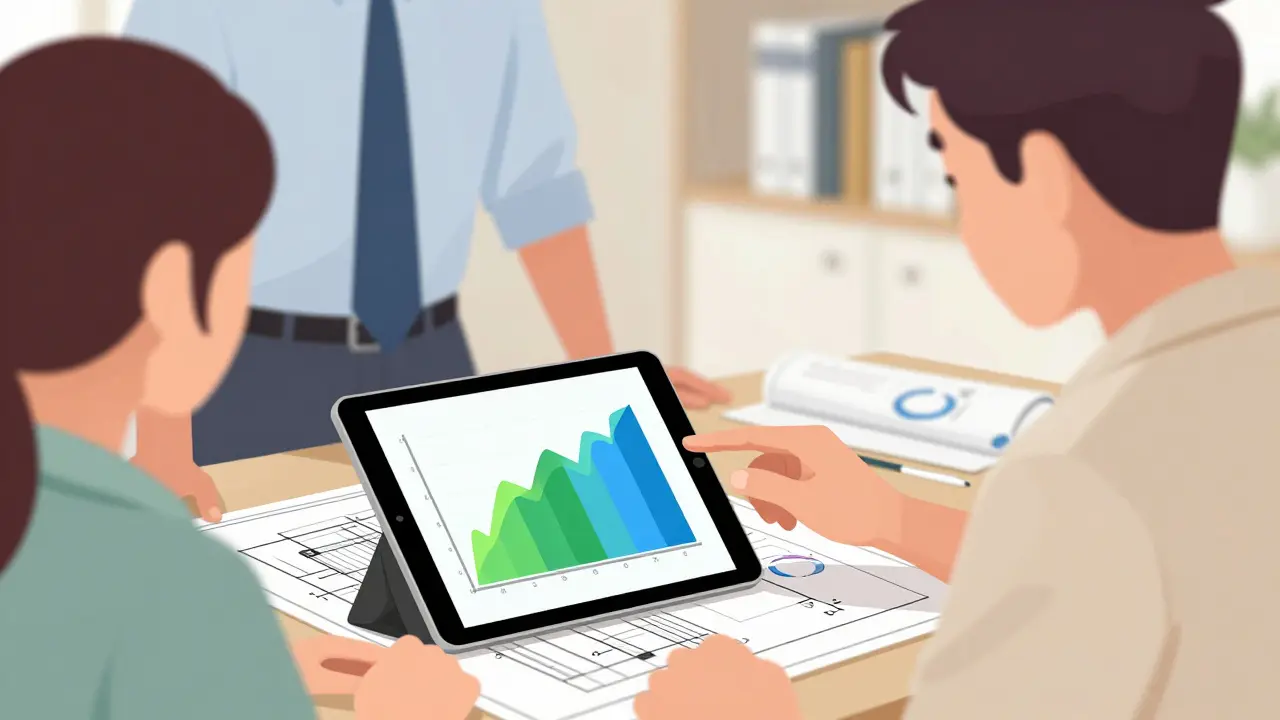 Energieberater erklärt Pläne mit Tablet in Beratungsgespräch.