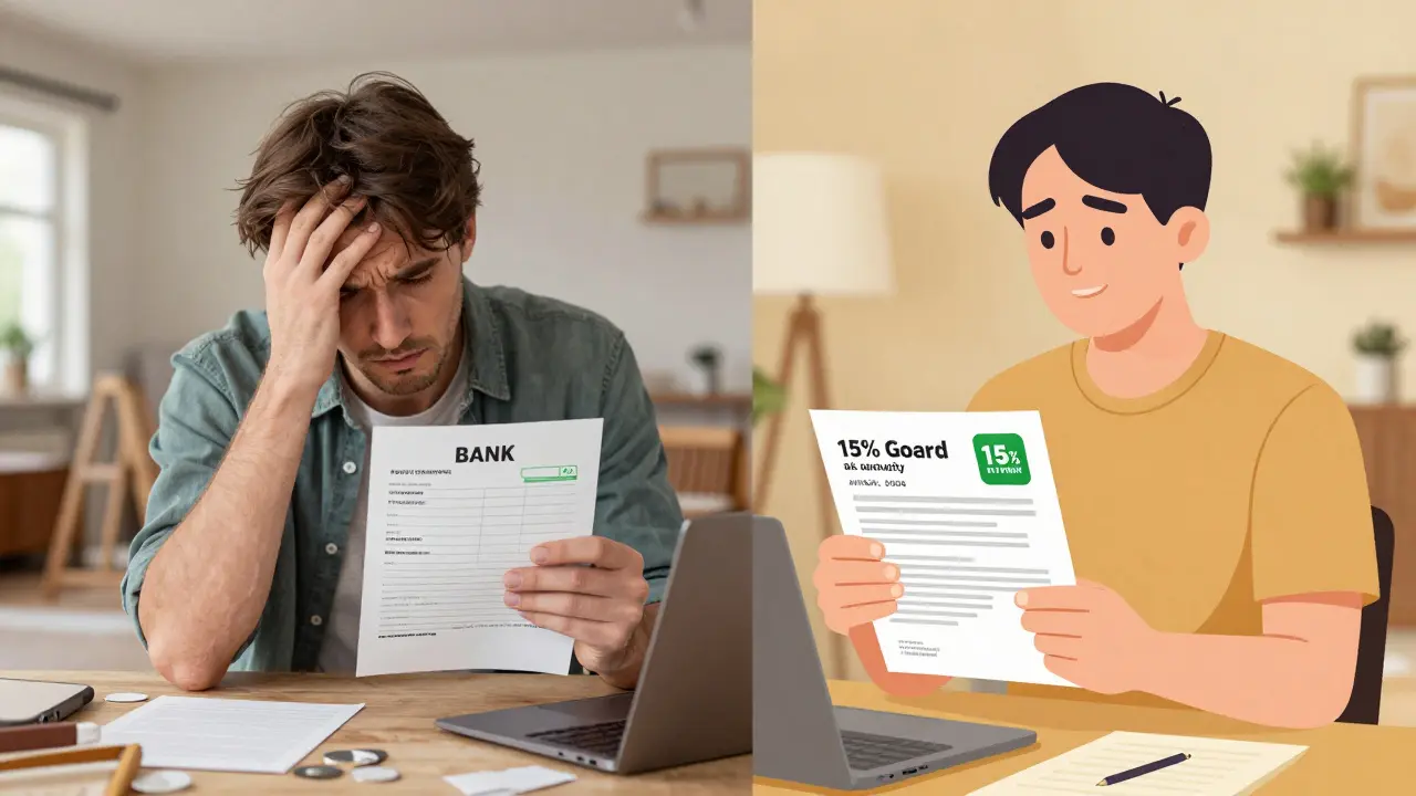 Gegensatz: Stress mit 0% Eigenkapital vs. Ruhe mit 15% Eigenkapital und KfW-Förderung.