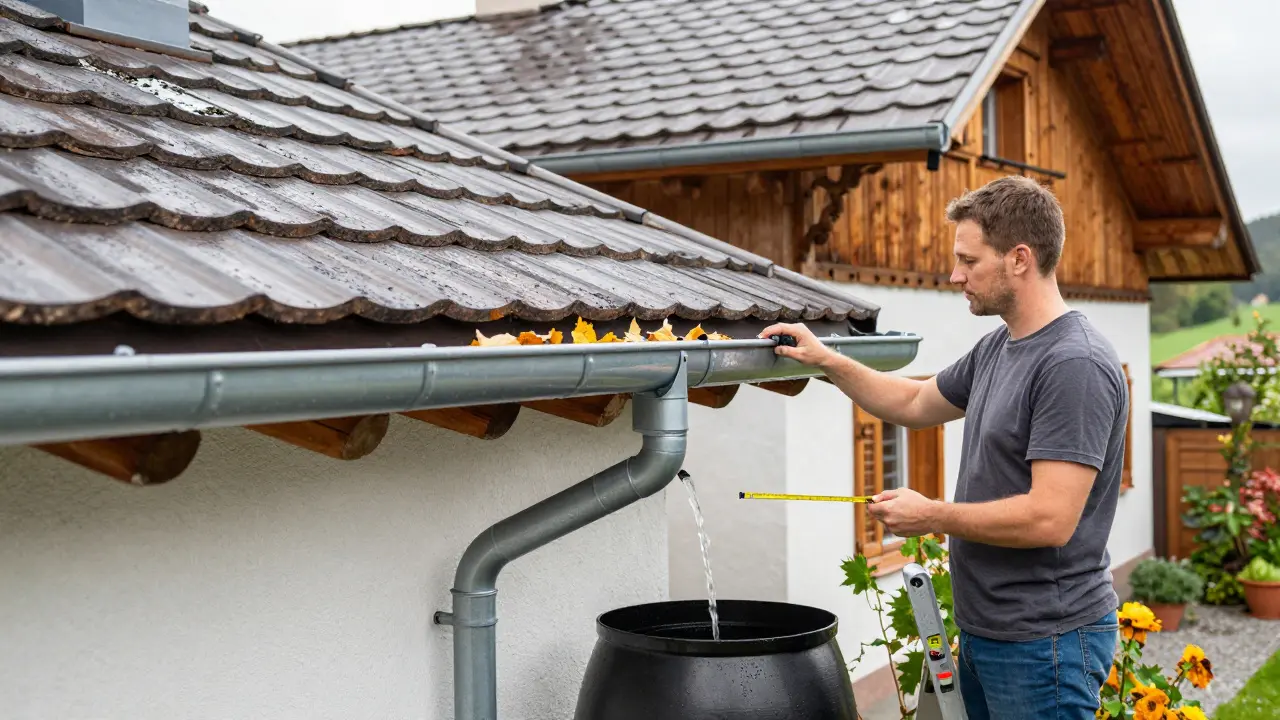 Hausbesitzer prüft mit Messband die Neigung einer Dachrinne, während Wasser in eine Regentonne fließt.