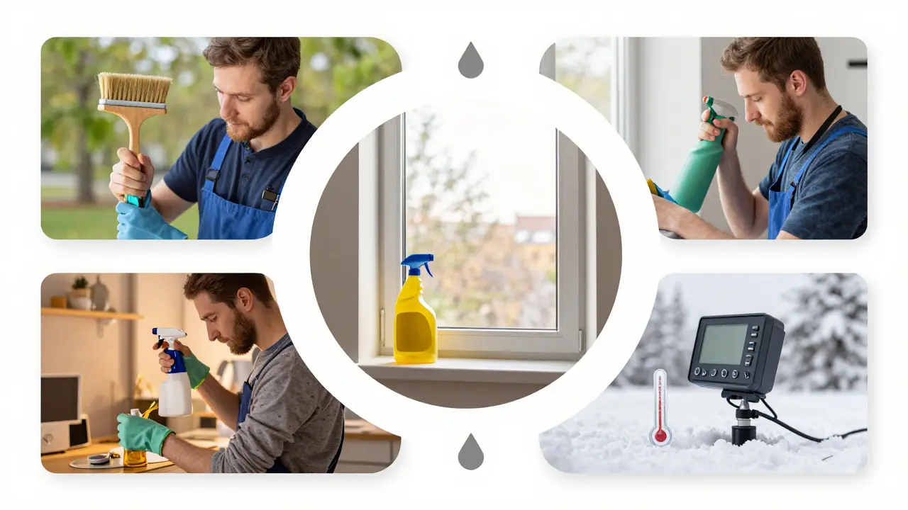 Jahreszeitlicher Pflegezyklus für Fenster: vier Szenen zeigen Reinigung, Schmierung, Kontrolle und Schutz.