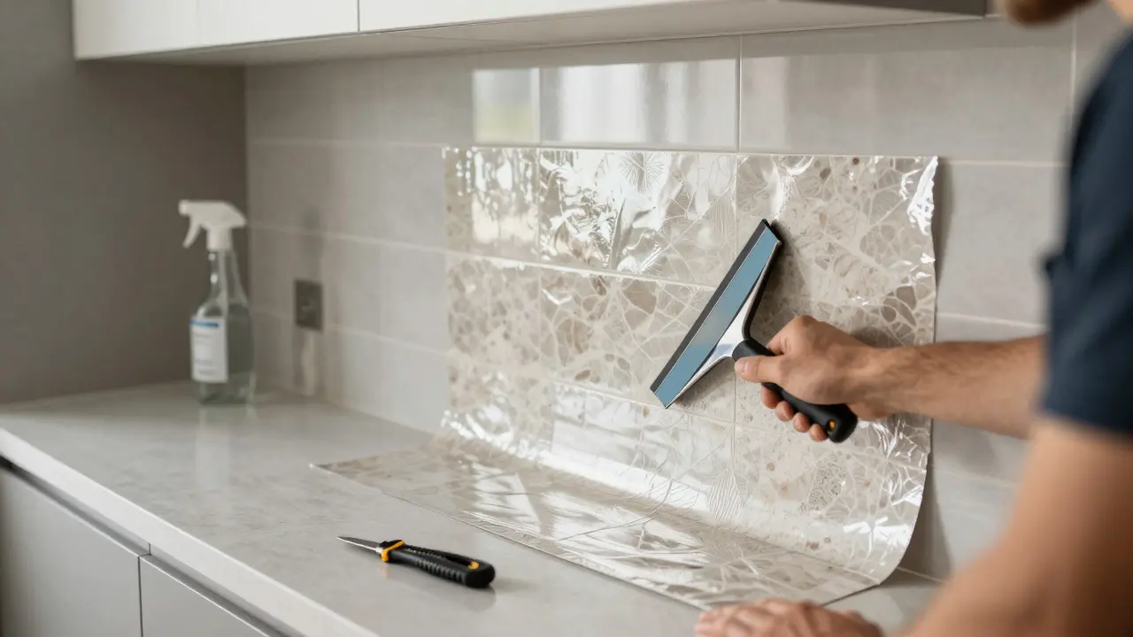 Jemand glättet selbstklebende Fliesenfolie mit einem Rakel über einer sauberen Wand.