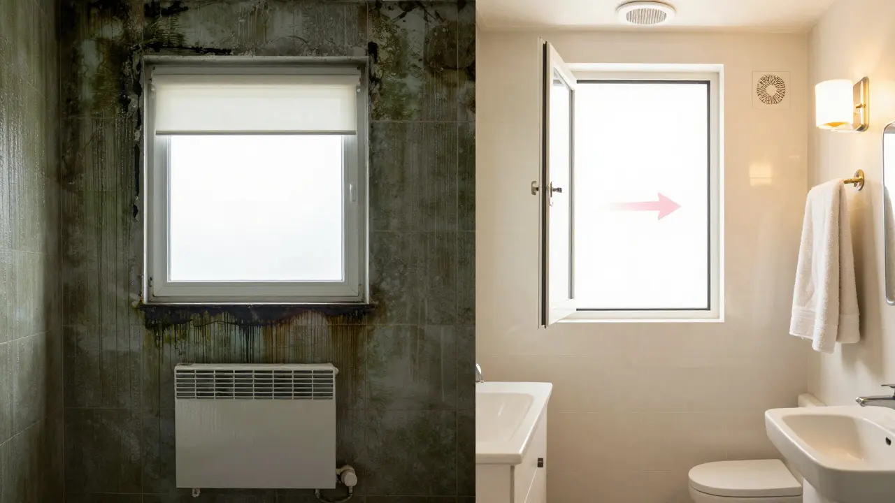 Kontrast: schimmeliger Wandbereich links vs. trockene, gut belüftete Wand rechts.