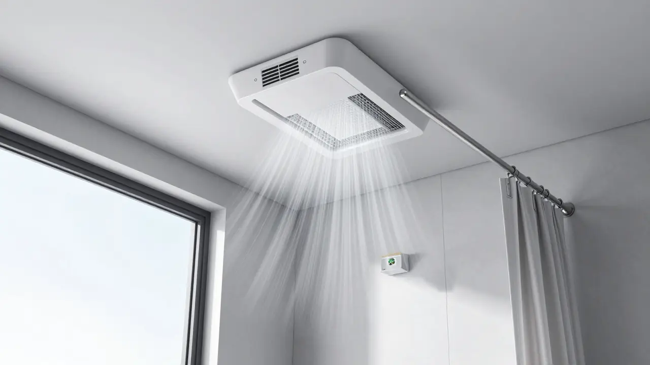 Mechanische Lüftungsanlage in einem fensterlosen Bad mit Luftstrom und Feuchtigkeitssensor.