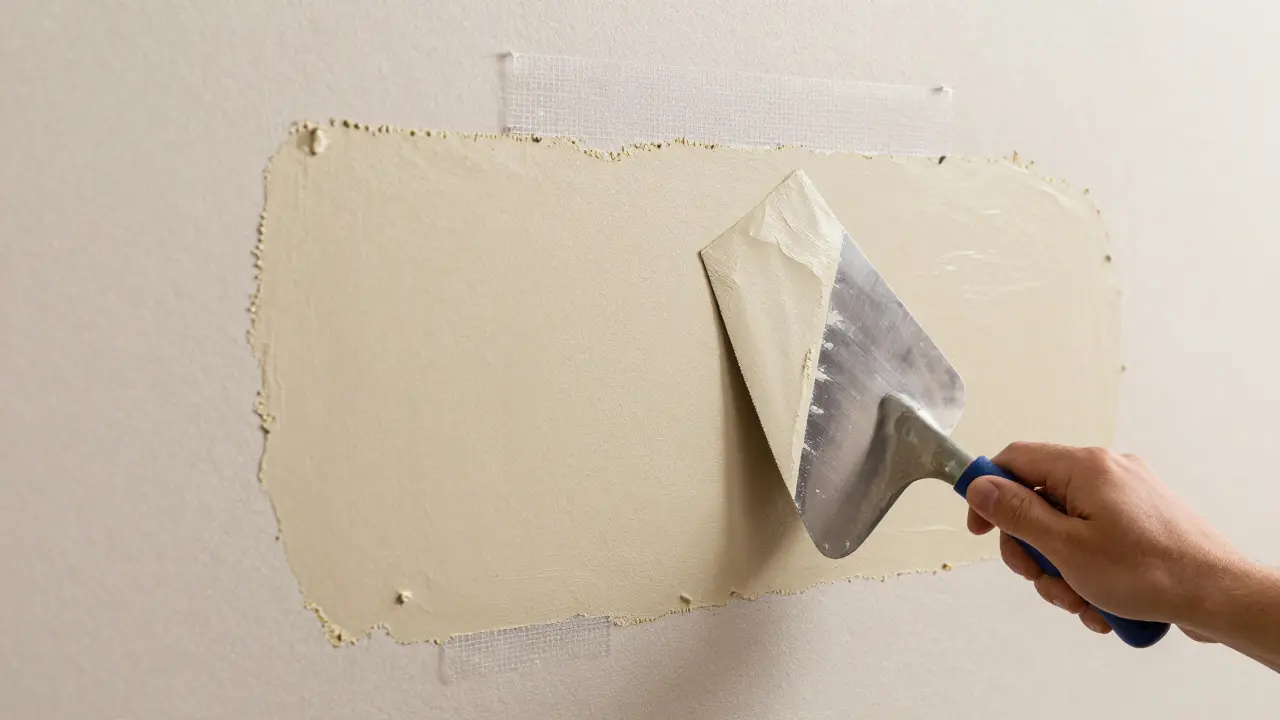 Mittleres Loch in Gipskarton wird mit zweistufiger Spachteltechnik und Gewebe bearbeitet.
