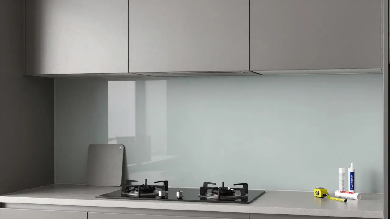 Moderne Küchenrückwand aus Alu- und Glastafeln mit nahtloser Optik und Wärmeplatte hinter dem Herd.