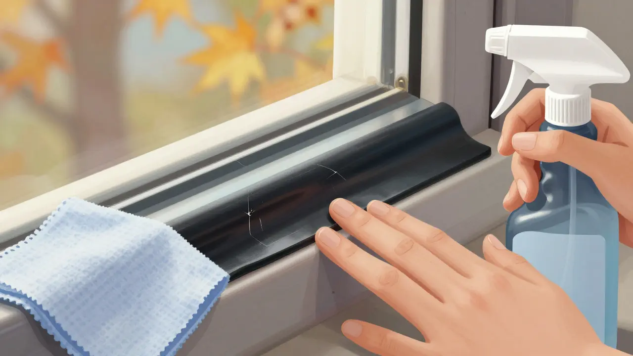 Nahaufnahme einer Fensterdichtung, die mit einem Pflegespray behandelt wird, um Elastizität wiederherzustellen.