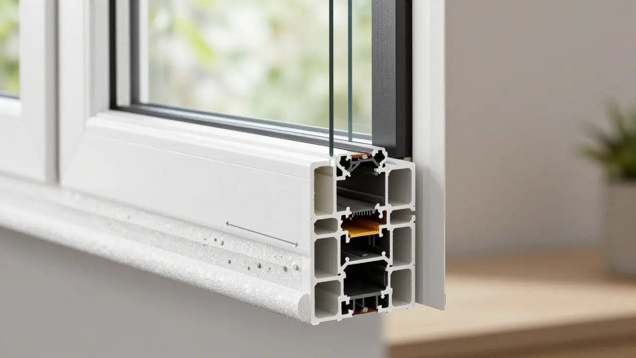 Querschnitt einer fachgerecht montierten Fensteröffnung mit drei Schichten: Dampfbremse, Dämmung und Außenabdichtung.