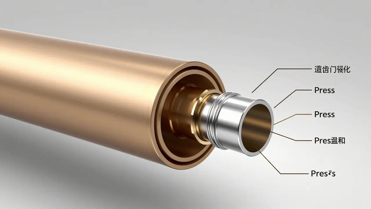 Querschnitt eines Mehrschichtverbundrohrs mit fünf Schichten und einer pressgefügten Verbindung.