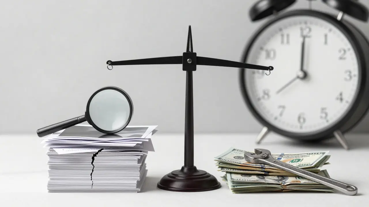 Rechtssichere Mängelrüge: Fotos, Briefe und Uhr symbolisieren Fristen und Beweise gegenüber Reparaturkosten.