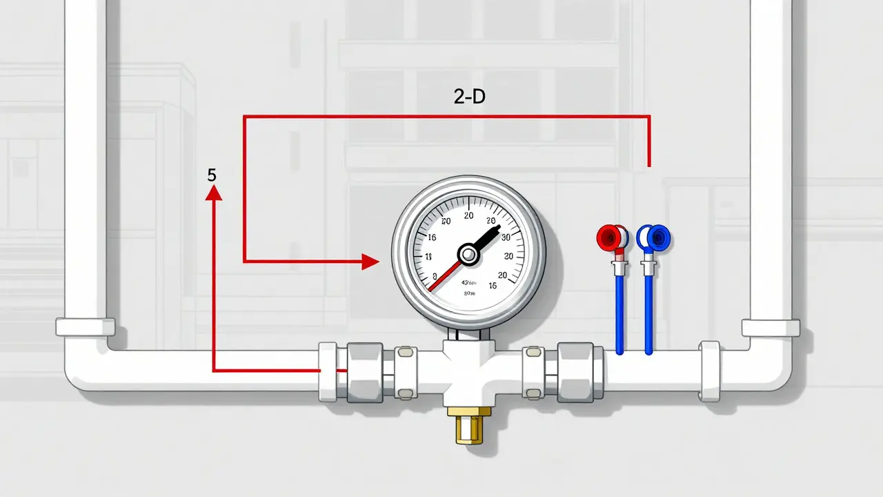 Schematische Darstellung der richtigen Rohrverlegung vor und nach einem Wärmemengenzähler mit Durchflusspfeil und Messsonden.