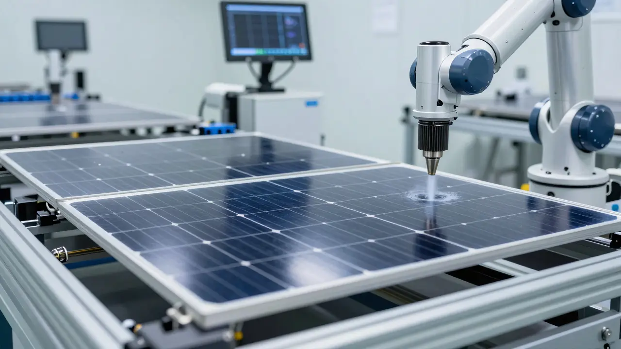 Silizium-Scheiben werden in einer Solarzellen-Fertigung mit Heißluft gleichmäßig getrocknet.