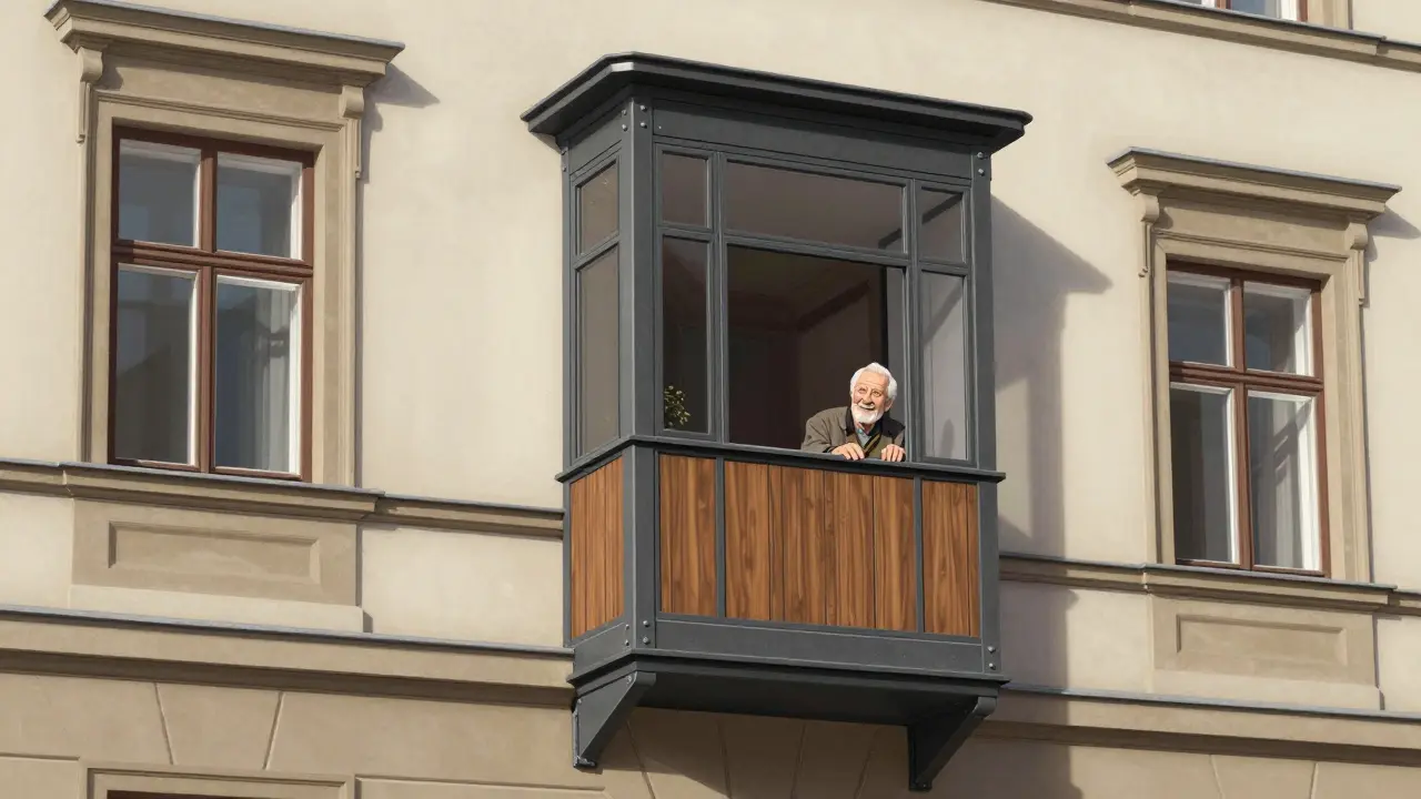 Slim, reversible elevator installed on the exterior of a historic building, blending with its original facade.