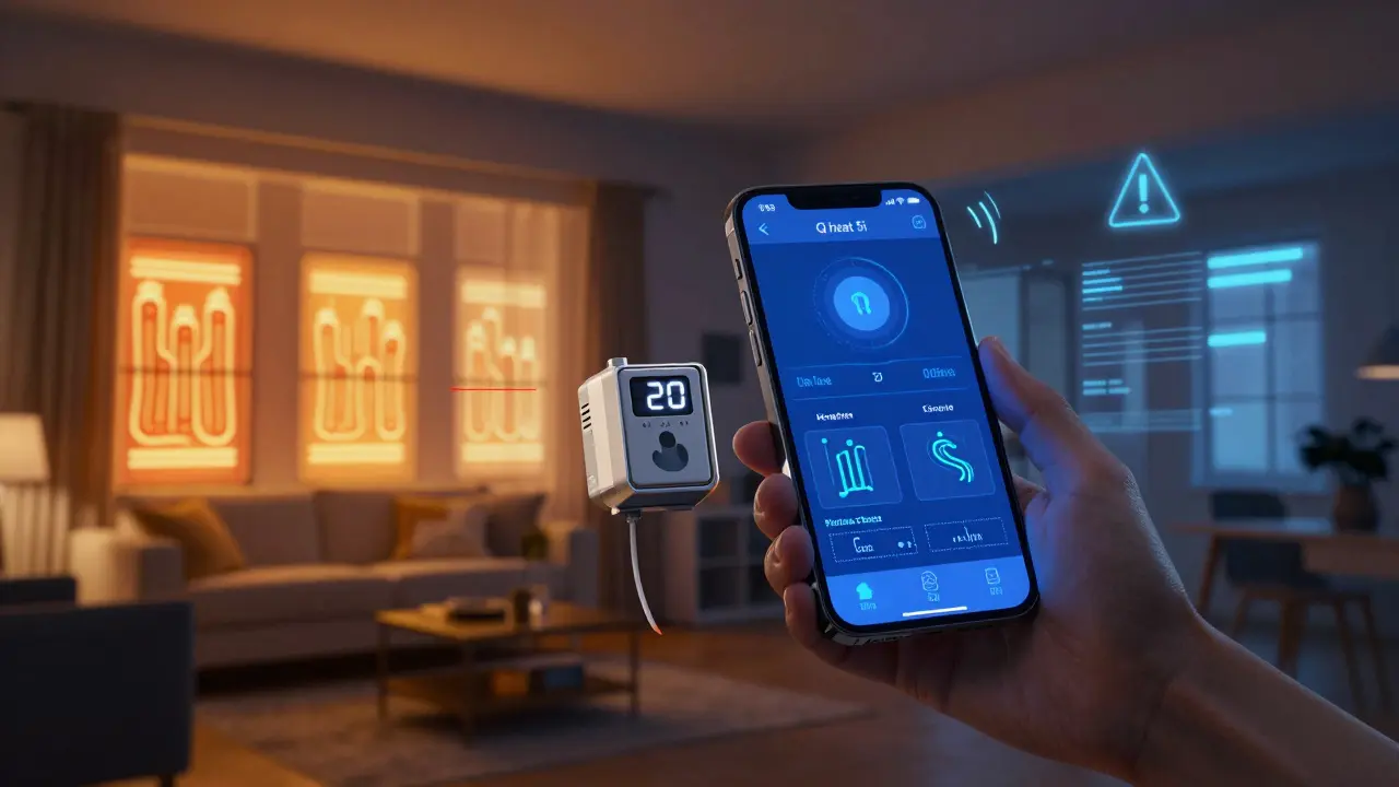 Smartes Wärmemessgerät sendet Echtzeit-Verbrauchsdaten an ein Smartphone, während Wärmeverteilung in einer Wohnung sichtbar wird.