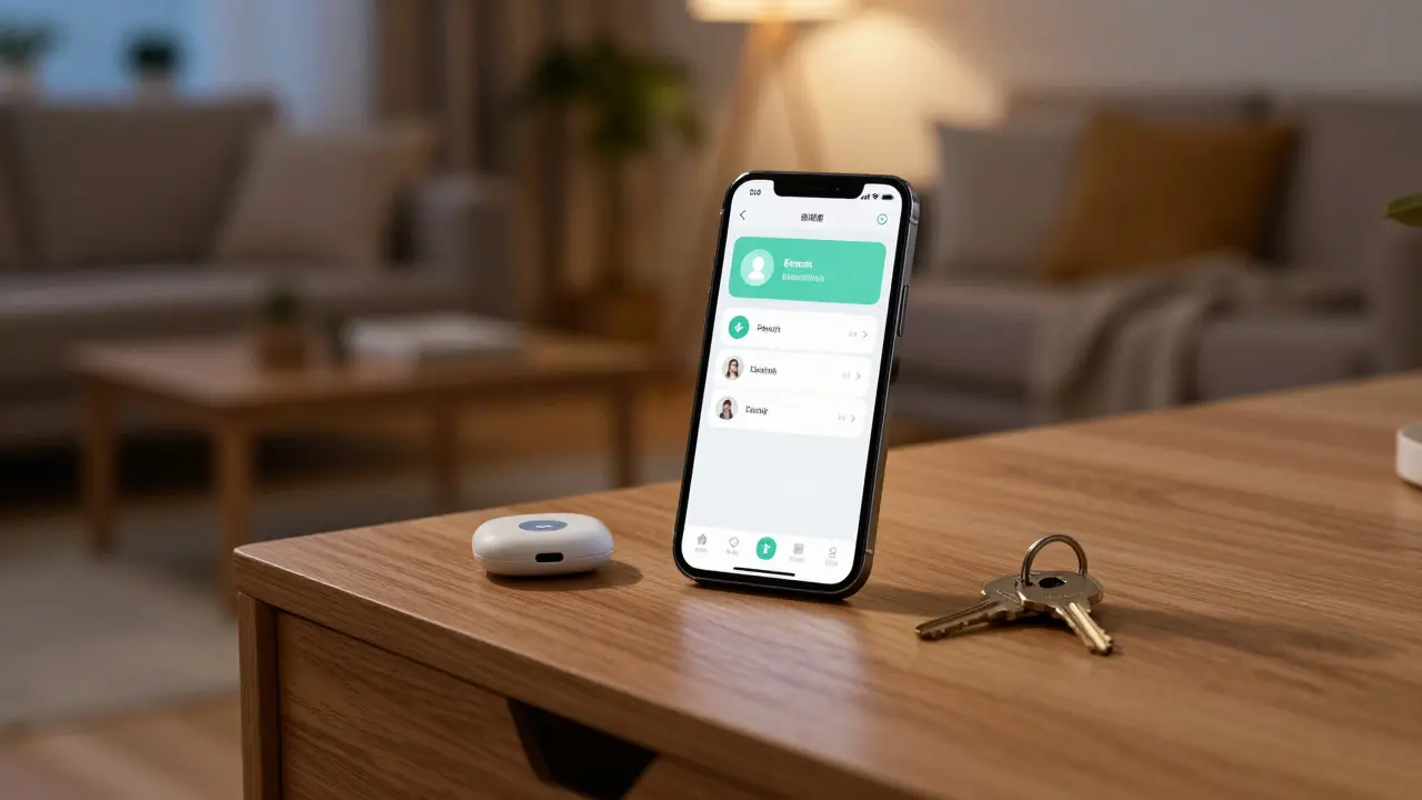Smartphone zeigt eine App mit Zugriffsrechten für verschiedene Personen, traditioneller Schlüssel liegt ungenutzt in der Schublade.