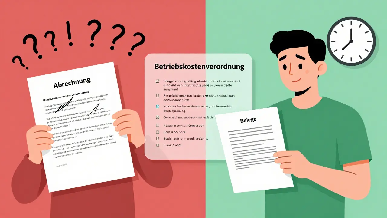 Split image: frustrated tenant with incorrect bill versus satisfied tenant with corrected, fully documented Abrechnung.