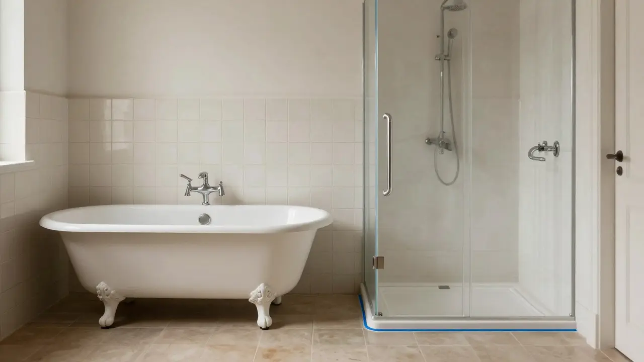 Split view of a historic and modern accessible bathroom, showing reversible upgrades without damaging original features.