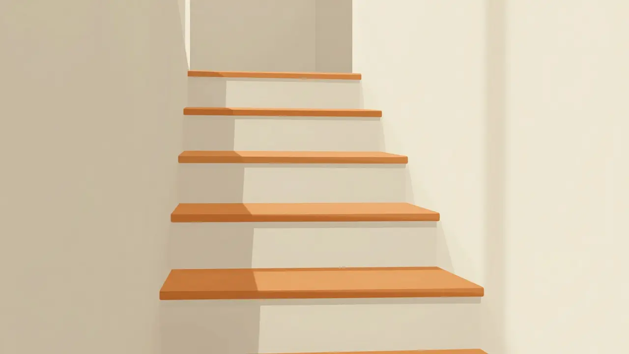 Treppenstufen mit orangefarbenen, rutschfesten Markierungen, matte Oberflächen, keine Spiegel oder Muster.
