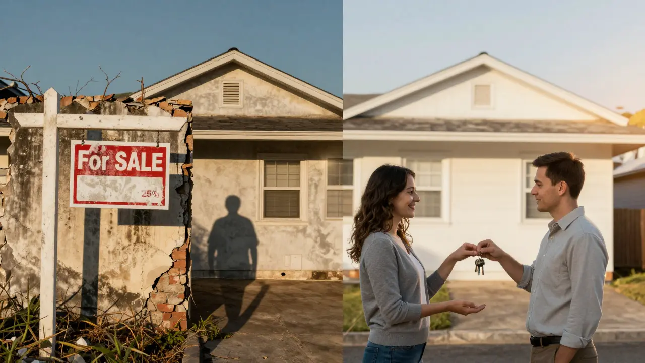 Vergleich: verfallene Immobilie links, saniertes Zuhause mit NCT-Technologie rechts.