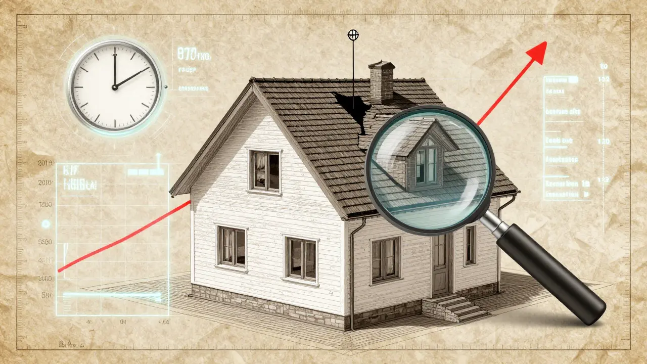 Vintage Grundriss eines Hauses mit digitalen Überlagerungen für Zeit, Kosten und Qualität.