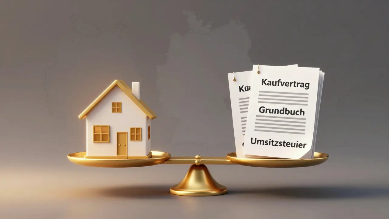 Waage mit Haus und rechtlichen Dokumenten, Symbol für faire und bundeseinheitliche Notarkosten.