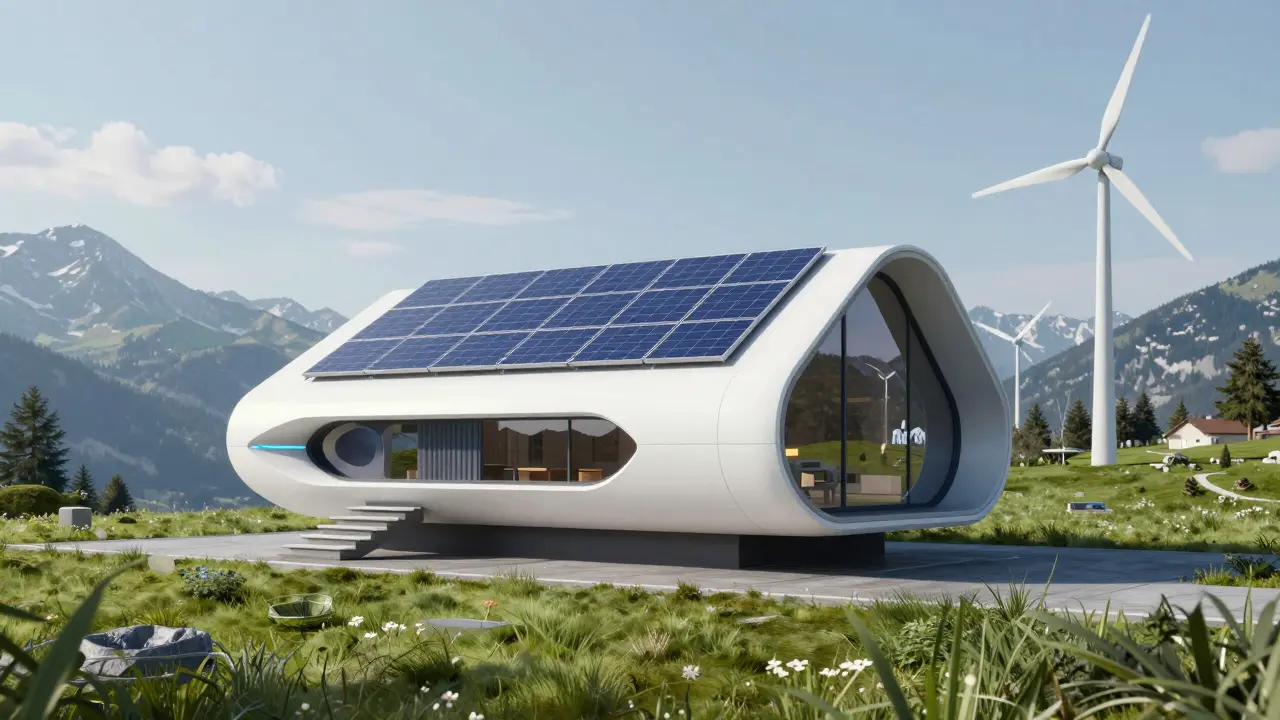 Zukunftsweisendes klimaneutrales Eigenheim in österreichischer Landschaft.