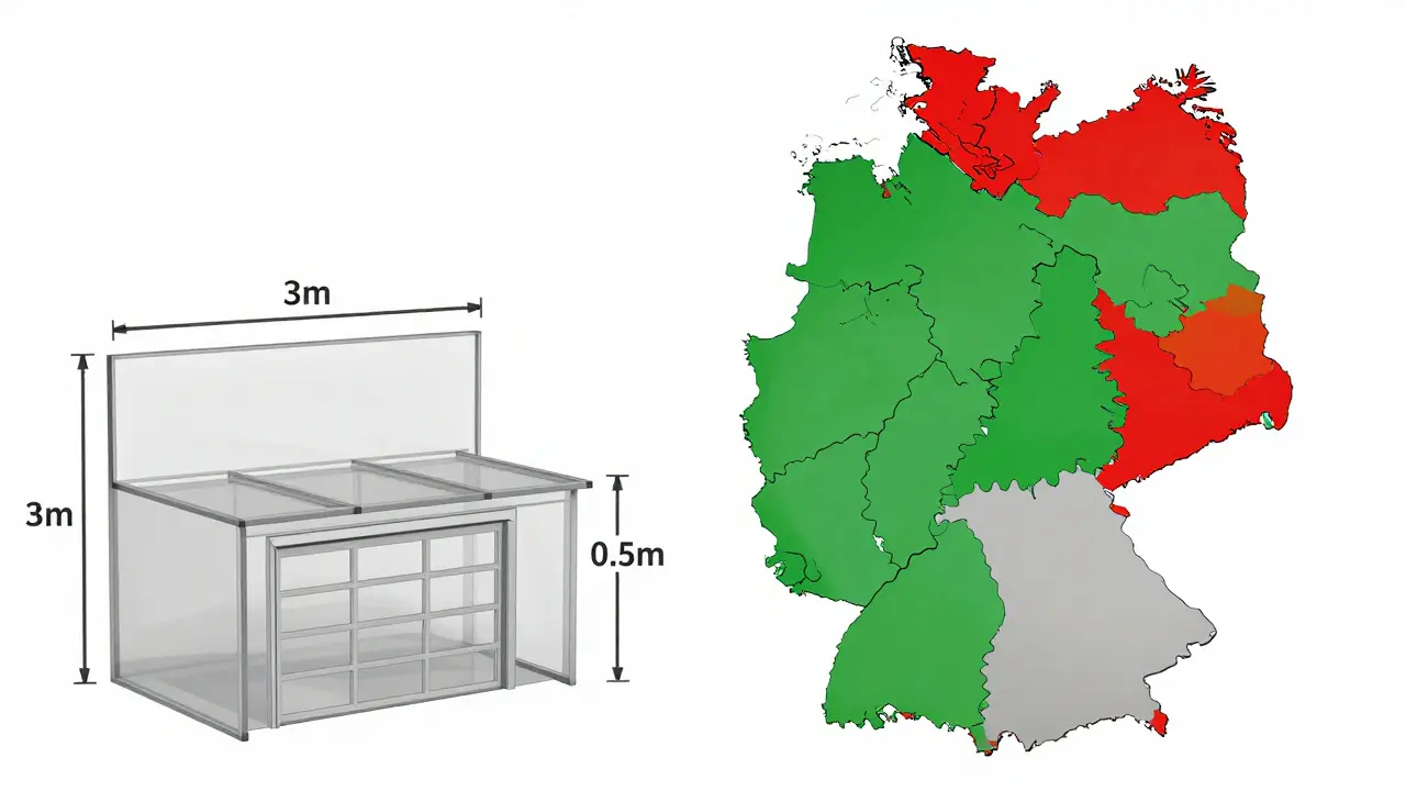 Deutschlandkarte mit farblich gekennzeichneten Bundesländern und Bauregeln für Grenzbauten.
