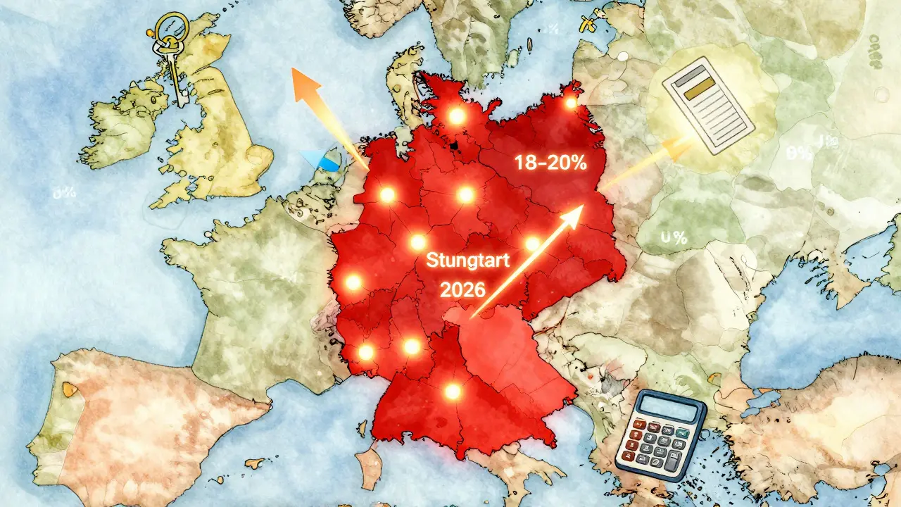 Deutschlandkarte mit leuchtenden Städten, die Zweitwohnungsteuersätze 2026 visualisieren, rote und blaue Knotenpunkte.