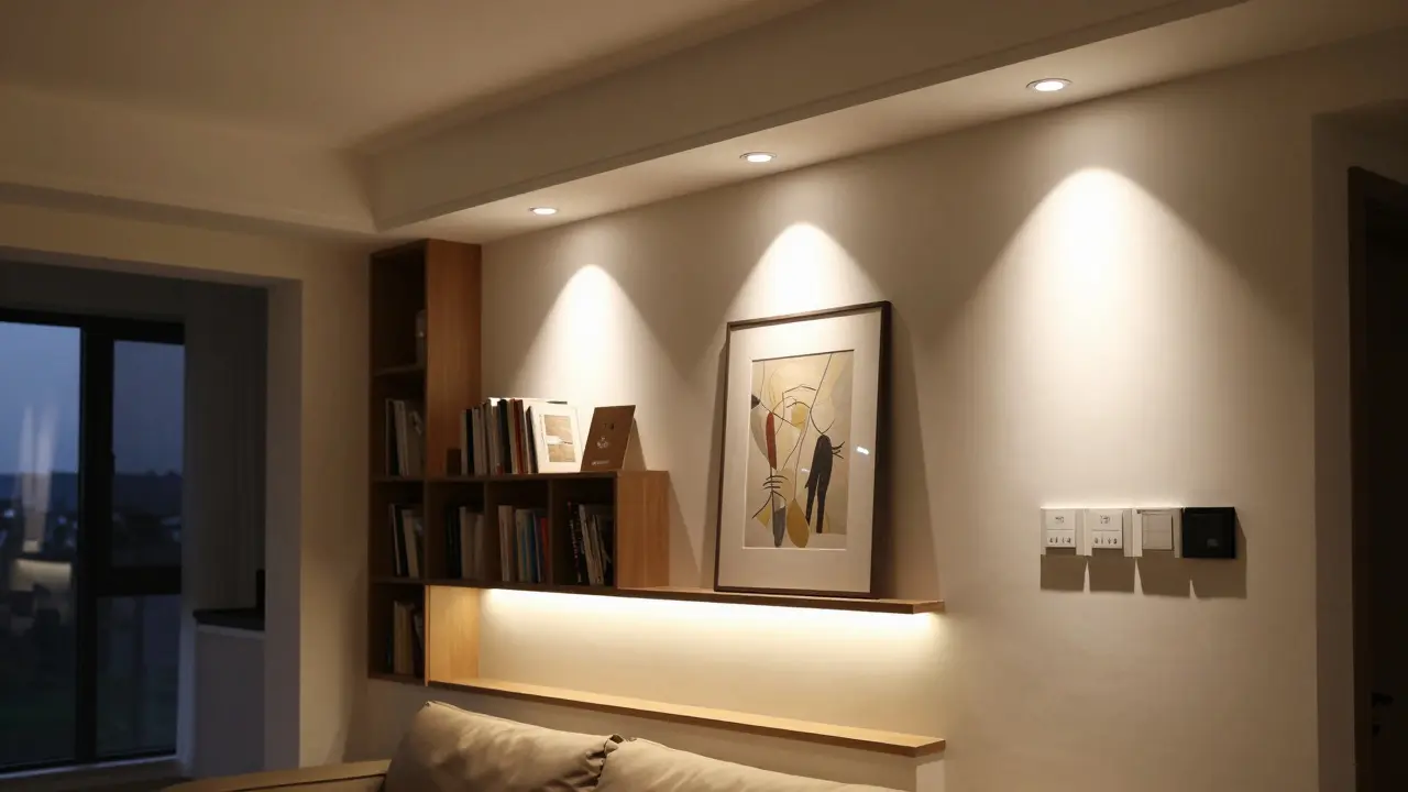 Drei Lichtschichten im Wohnzimmer: indirektes Deckenlicht, Akzentspots auf einem Bücherregal und untere LED-Leisten in hellgrauer Umgebung.