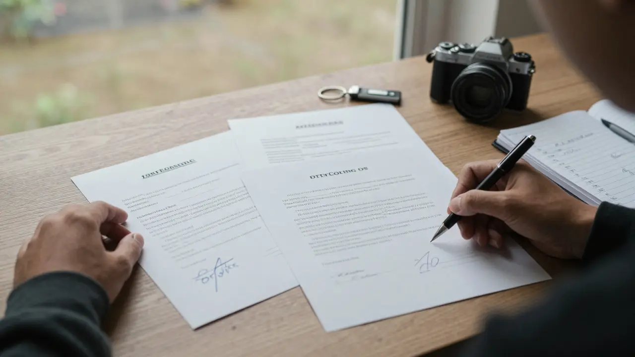 Drei unterschriebene Exemplare eines Übergabeprotokolls mit Schlüsseln und Notizbuch auf einem Holztisch, sanft unscharfer Hintergrund.