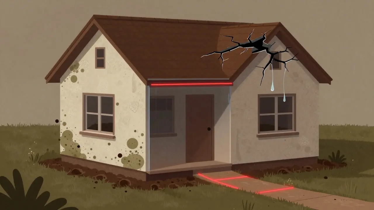 Durchsichtige Hauswand zeigt versteckte Mängel: Schimmel, kontaminierte Erde, Wegerecht und undichte Dachkonstruktion.