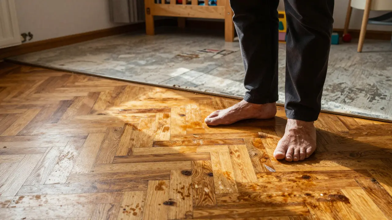 Ein älterer Mann steht auf einem altersgerechten Parkettboden, während im Hintergrund abgenutztes Laminat zu sehen ist – Symbol für Langlebigkeit.