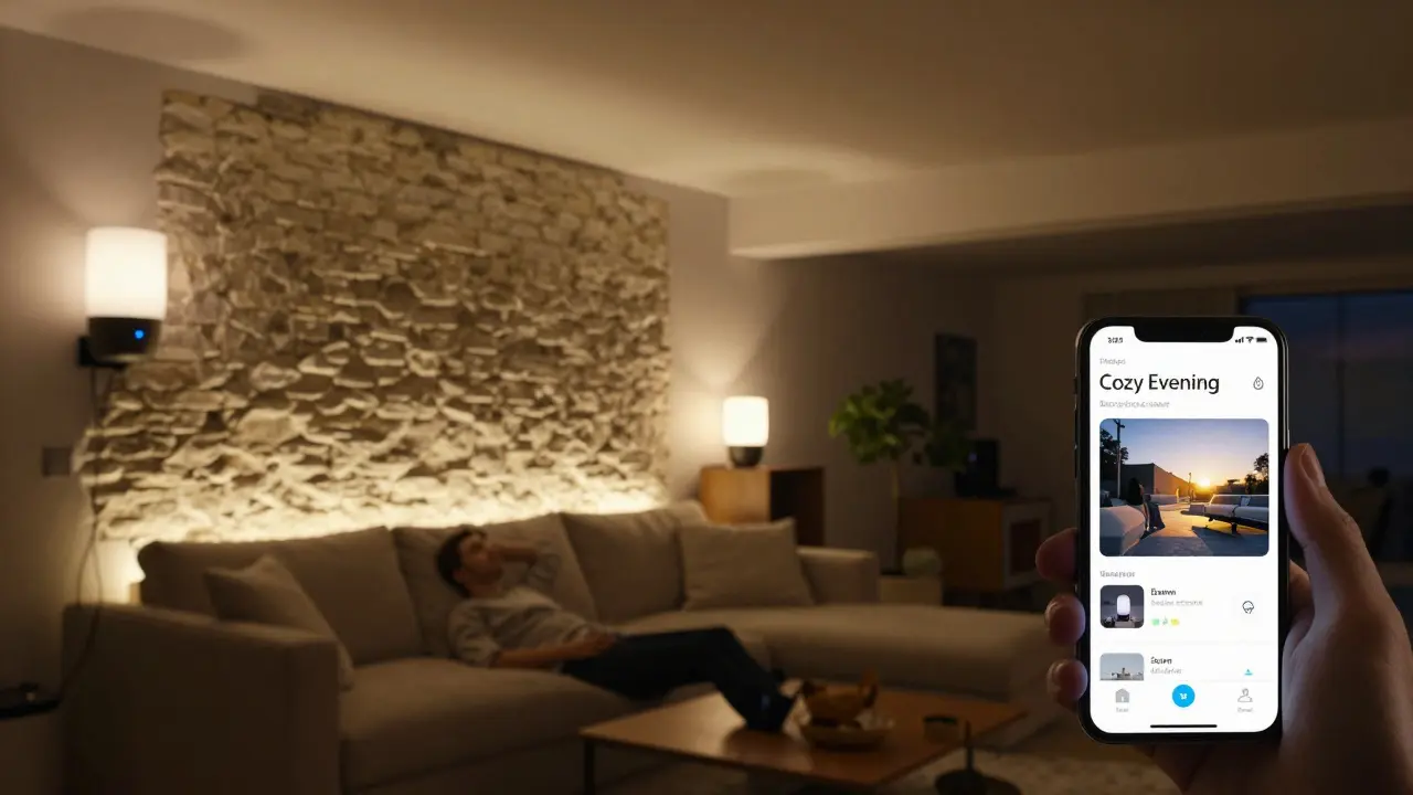 Ein Smart-Home-Beleuchtungssystem steuert sanftes Licht in einem Wohnzimmer, mit Dimmern und LED-Integration in Möbeln.