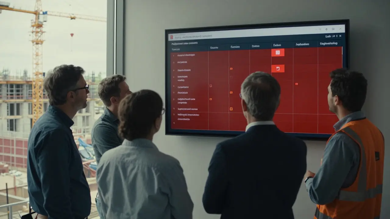 Ein Team analysiert eine digitale Risikomatrix mit roten Alarmen, während hinter ihnen eine Baustelle in Dresden zu sehen ist.