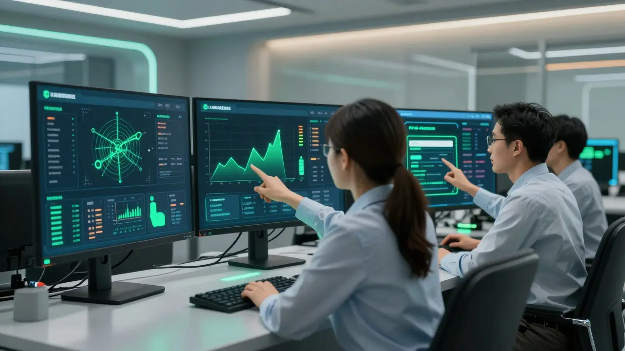 Ein Team überwacht in einem Kontrollraum Netzwerksysteme von Gebäuden, darunter Heizung, Zugang und Mieterdaten, mit Echtzeit-Anomalien auf Dashboards.