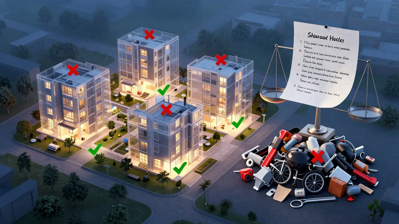 Ein transparentes Wohngebäude mit digital markierten Gemeinschaftsflächen, die ordnungsgemäße und verbotene Nutzung zeigen.