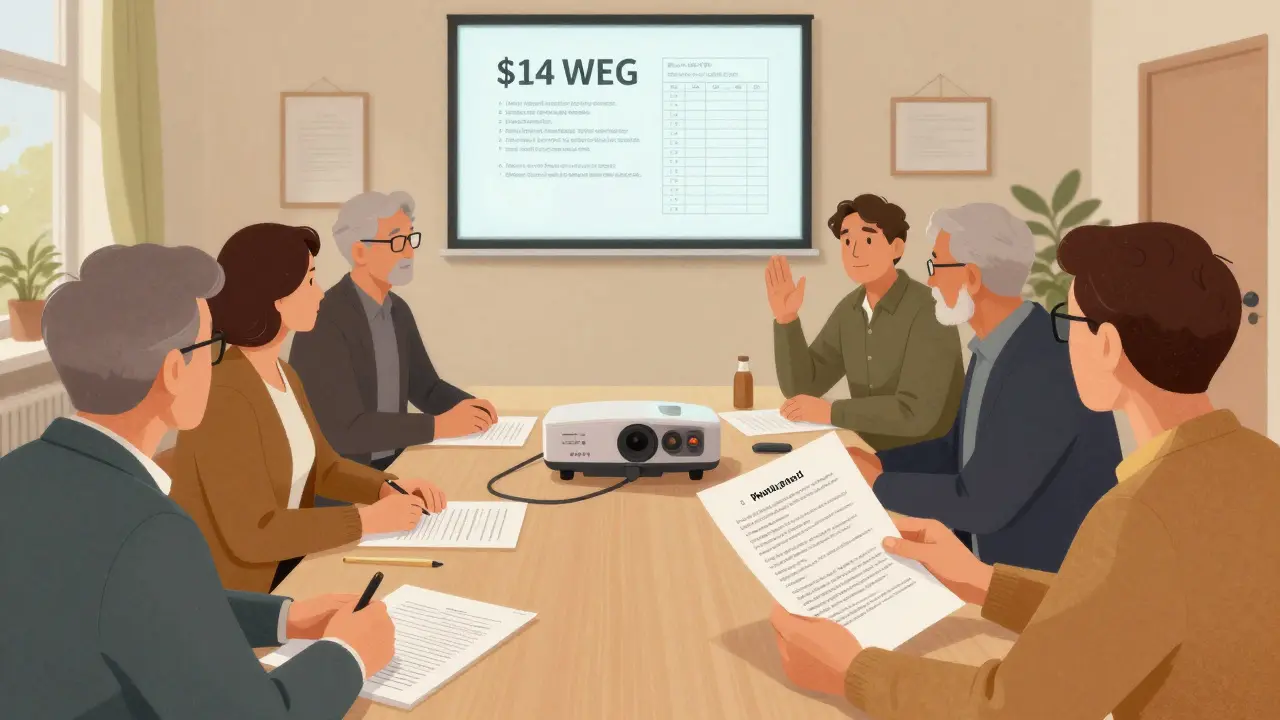 Eine Eigentümerversammlung, die gemeinsam Nutzungsregeln für Gemeinschaftsbereiche diskutiert und dokumentiert.