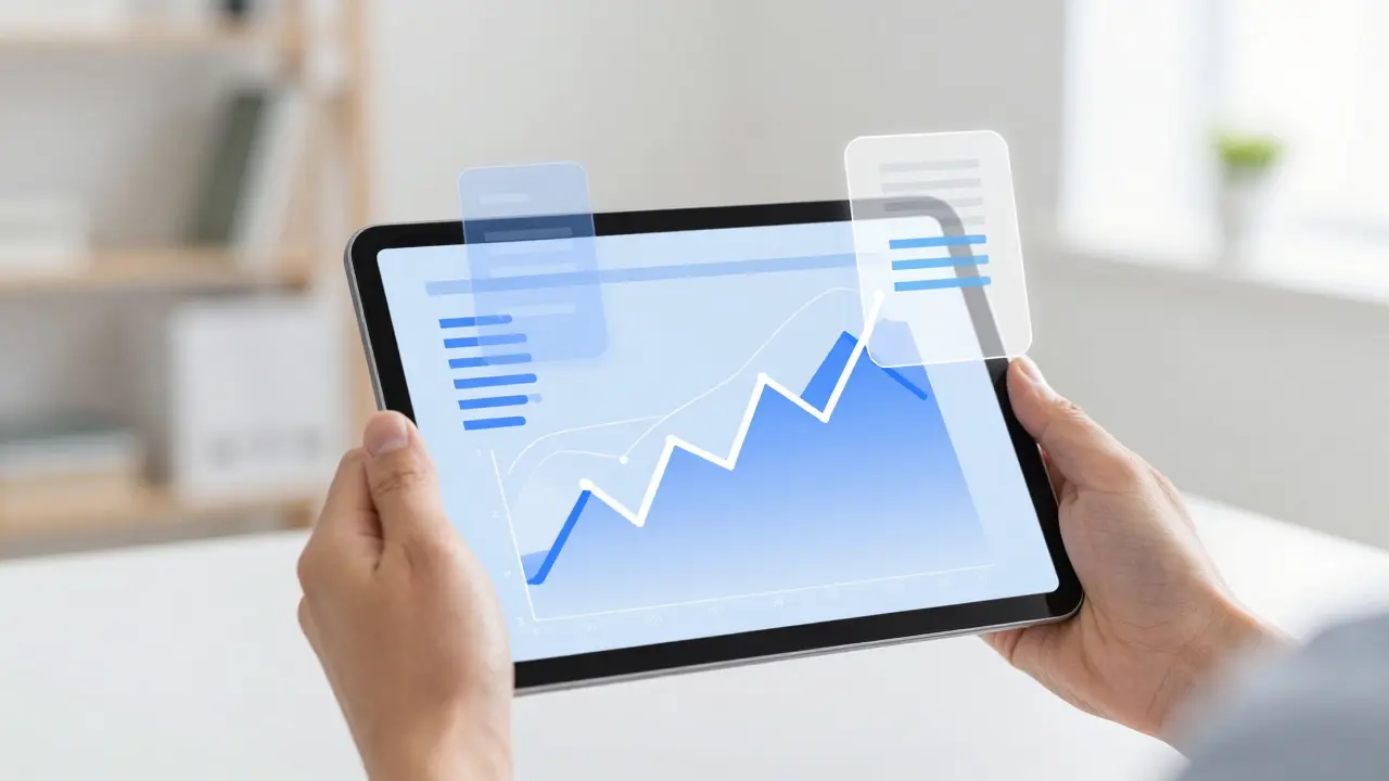 Hände halten Tablet mit Finanzplanungssymbolen für Immobilienkalkulation