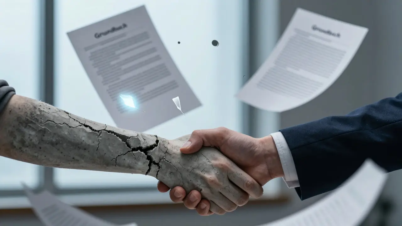 Handschlag über Kaufvertrag, eine Hand aus Beton, die andere aus Glas, rechtliche Dokumente schweben in der Luft.